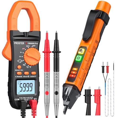Proster Electrical Test Tool - TRMS Clamp Meter 6000&NCV Voltage Tester Pen | 2-in-1 kit: Clamp Meters(800A AC/DC, NCV, auto-range) + Voltage Tester Pen(Adjustable Sensitivity) For Electrical Tester