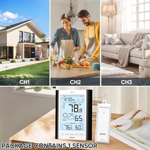 Indoor Outdoor Thermometer Hygrometer Wireless Weather Station - Inside Outside Thermometers Hygrometer Monitor with 330ft Remote Sensor, Battery Powered, Backlight Display (Black) - color: Black