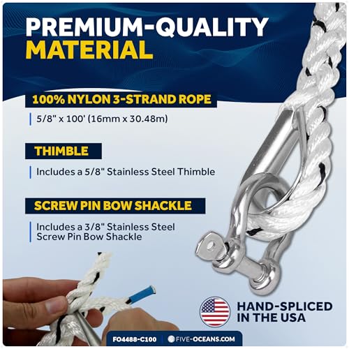 Five Oceans Anchor Line 5/8" x 100', Anchor Rope Line, Marine Premium 3-Strand White Nylon Boat Anchor Rope - Stainless Steel Thimble and Shackle, Ideal for Mooring Anchoring Towing - FO4488-C100 - style: 5/8 inch x 100 ft