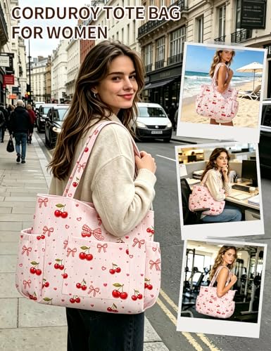 Corduroy Tote Bag for Women, Cute Floral Tote Bag with Zipper, Large Shoulder Handbag with Multi-Pockets for Work Travel Gym - color: Cherry