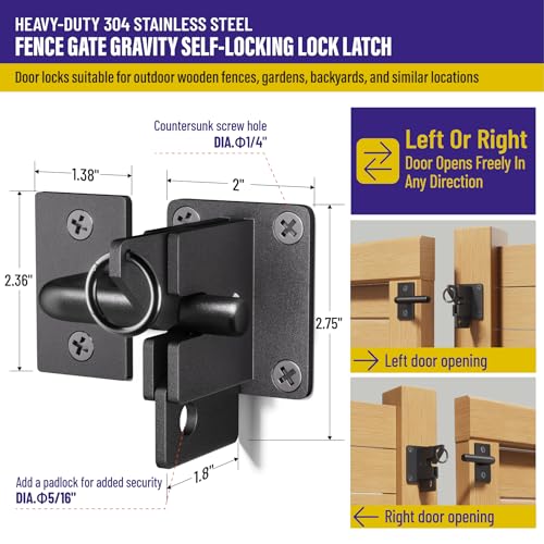Hulave 304 Stainless Steel Fence Gate Latch, Self-Locking Gravity Gate Latch, Heavy Duty Privacy Gate Latch for Wooden Fence, Metal Gate & Vinyl Fence Gate Hardware (Black) - color: Black