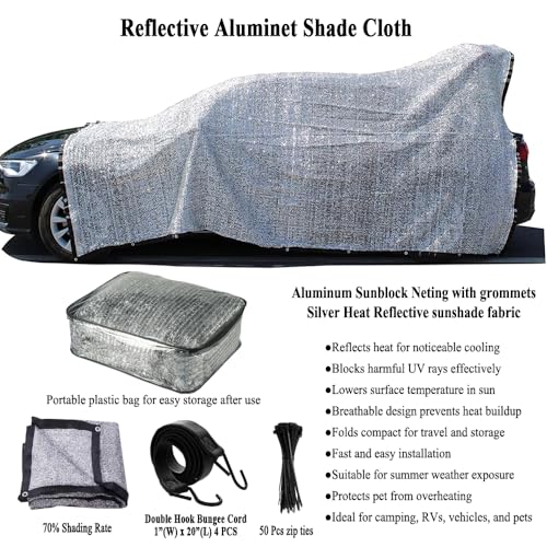 70% 10x20 FT Aluminet Shade Cloth for Car, RV and Camping | Reflective Silver Sun Shade Cover, Heat Protection, UV-Resistant, Breathable Sunshade Fabric for Patio, Dogs, Greenhouse - size: 10x20FT