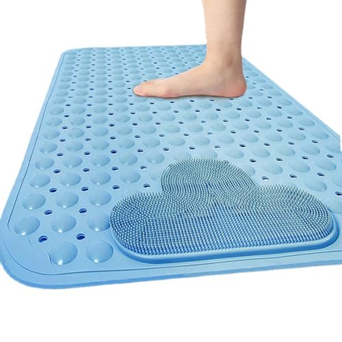Bath and Shower Safety Mats with Foot Massage,Large Foot Scrubber Mat in Shower,Non Slip with Suction Cups for Bathroom Stall and Tub Floor,Foot Clean and Massage Feet Without Bending Over (Blue) - color: Blue