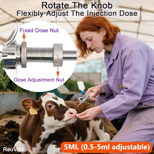 5ml Continuous Self-Refilling Livestock Syringe, 10 Needles Included | Adjustable dosage from 0.5ml to 5ml Stainless Steel Veterinary Injection Gun for Chicken, Duck, Pig, Sheep, Cow Poultry