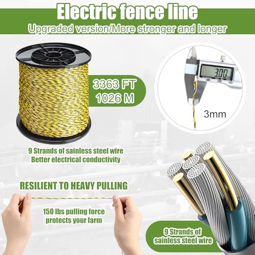 Electric Fence Kit, 0.35j Charger 3366ft Wire 60 Insulators | 5 Mile 110V Plug in Electric Fence, Polywire for Livestock Horse Cattle Poultry, T Post Screw Insulators, Farm Pasture - size: 3366FT, style: 0.35J