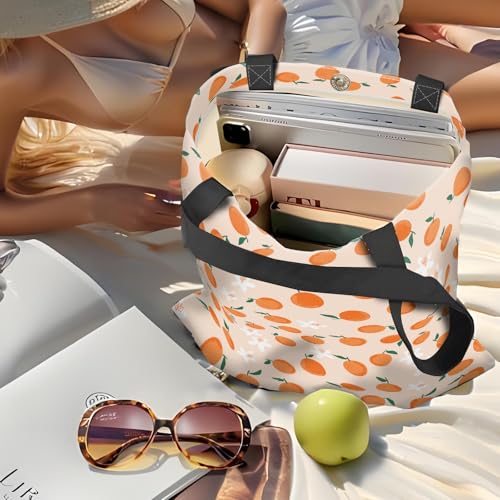 Canvas Tote Bag for Women，Cute Heavy-Duty Shoulder Bag with Zipper Pocket -Travel Tote for Grocery, Gym,Shopping - color: Orange With Green Leaves