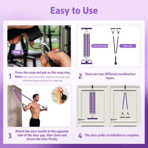 Pedal Resistance Band with Handle, Aturien Adjustable Powerful 4-Tube Elastic Bands for Exercise, Multifunctional Foot Pedal Puller, Home Workout Equipment for Legs Arms Abs - color: Purple