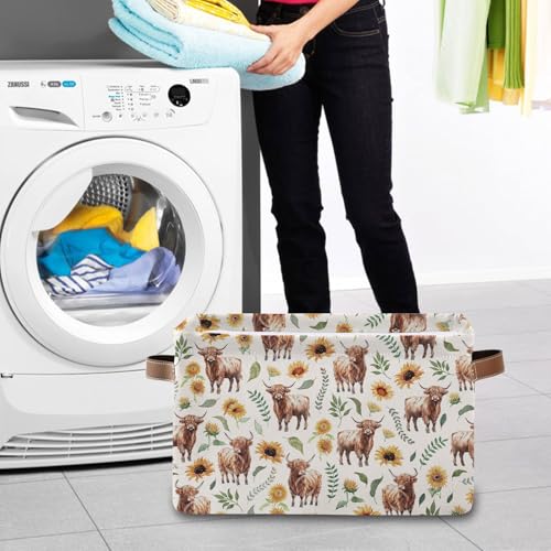 Rectangle Highlandcow Storage Basket, 14.9"11"9.4" Collapsible Box Bin with Handles - color: Highlandcow-white