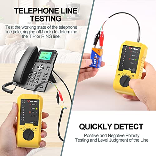 Network Cable Tester, Line Finder Ethernet/Telephone/Cat5/6 RJ11/45 | Checks Shorts/Open/Cross/Break Points without Wire Damage, Polarity & Line Level. Tel Status: Idle/Ring/Off-Hook, TIP/RING