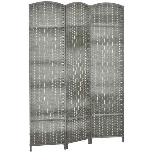 HOMCOM 3 Panel Room Divider 6 Ft Privacy Screen Hand-Woven Mixed Gray | Folding PP Wall Partition, Pine Wood Frame, Freestanding Room Separator, Bedroom Home Office, No Assembly - color: Mixed Gray, size: 3 Panel