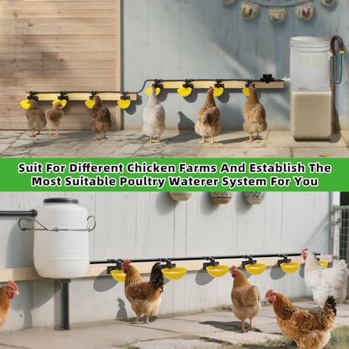 Complete Set Pipeline Automatic Chicken Waterer System, Innovative Quick-Connect Water System with Large Size Water Cups Removable and Washable, 21ft Pipeline and Float Valve (Yellow, 10Cups) - size: 10Cups