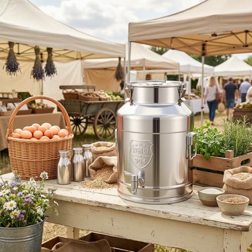 7.4 Gallon Milk Can with Spout, 28L Milk Container Stainless Steel Bucket with Locking Sealed Lid, Airtight Food Storage Container for Home, Farm, Commercial Kitchen (7.4 Gallon/28L) - size: 7.4 Gallon/28L