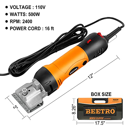 BEETRO 500W Electric Professional Horse Shears, 6 Speeds Animal Grooming Clippers for Horse Equine Goat Pony Cattle, with an Extra Set of Shearing Blades