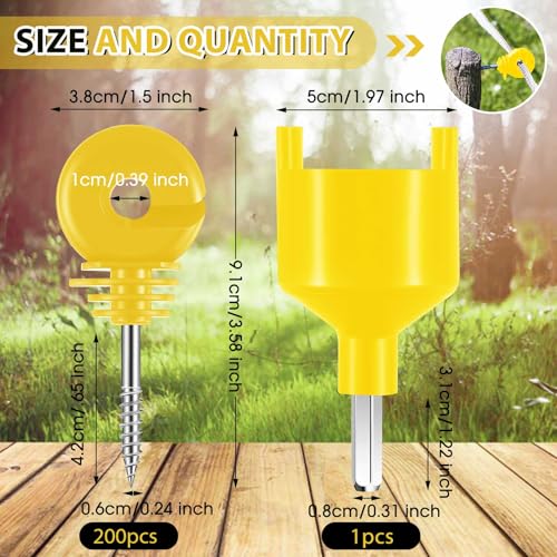 200 Pcs Electric Fence Insulator with 1 Pcs Insulator Socket Tool Screw in Ring Post Wood Post Electric Fence Ring with Socket Tool for Animal (Yellow) - color: Yellow