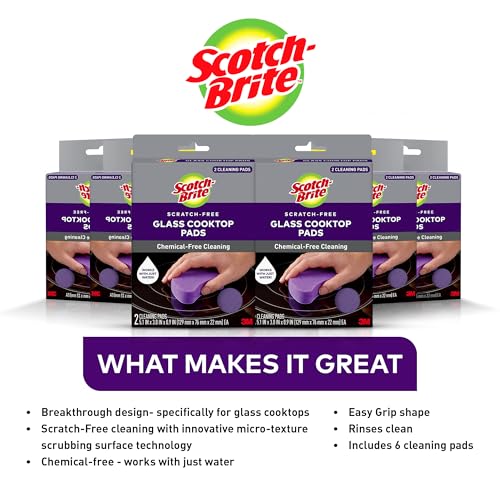 Scotch-Brite Glass Cooktop Pads, Scratch-Free & Non-Abrasive Scrubbers for Glass or Ceramic Stovetops, Cleans Burnt-On Messes with Just Water, Reusable Dishwasher-Safe Design (12 Pads) - size: 12 Pads