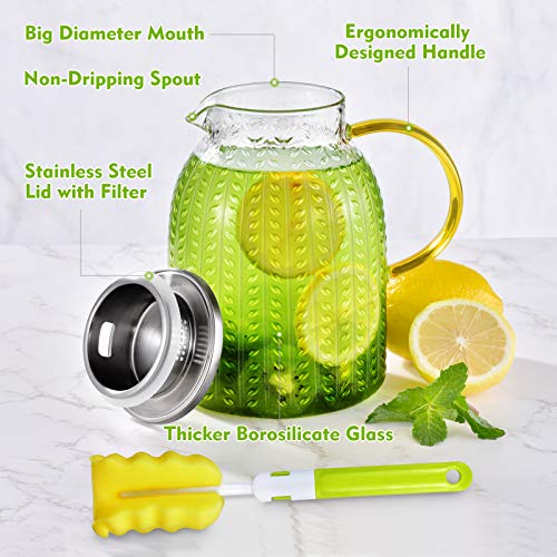 Aofmee 60oz Glass Pitcher, Water Pitcher with Lid, Iced Juice Jugs for Fridge, Glass Carafe for Cold or Hot Beverages, Sun Tea Jar, Easy Clean Heat Resistant Jug for Milk | Thickened Borosilicate Glass Iced Tea Pitcher, Drip-free Spout, Heat/Cold Resistan