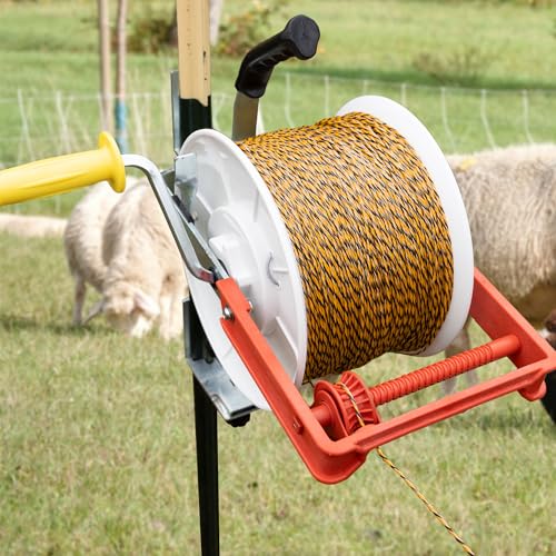3:1 Geared Reel Prewound Polywire, Electric Fence Wire Reel, with Auxiliary Winding Handle, Plus 1 Free 8 inch Insulgrip, Suitable for Building Farm Electric Fences - size: 1640 ft x 1 standard reel x 1 guide x 1 Handle
