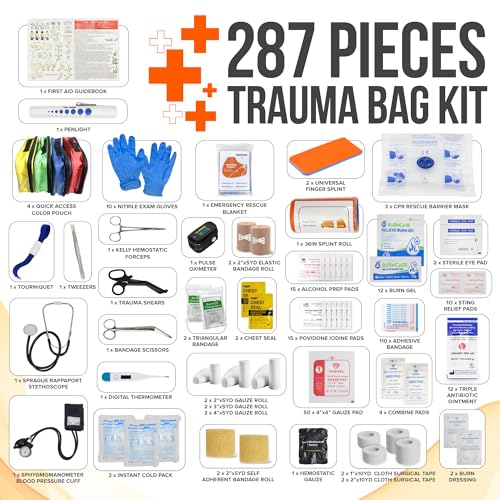 JJ CARE Trauma Bag (287 pcs), Fully Stocked EMT Medical Bag for Professionals, First Aid Emergency Medical Kit, First Responder Kit Essentials with Organizer Pouch