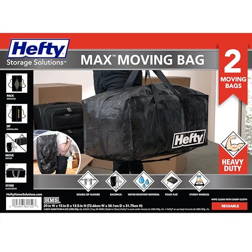 Hefty Moving Bag – Extra Large Double Zipper Backpack – Heavy Duty, Water Resistant, Foldable, Reusable Packing & Storage Tote with Shoulder Straps for Garage and Basement Organization – 2 Pack - size: 11 Gal - Moving Bag