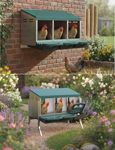 Metal Chicken Nesting Box with Easy-Collect Tray & Lid – 3/4/2x2 Compartment Heavy Duty Roll Away Nesting Boxes for Chickens, Wall Mount or Freestanding, Galvanized Steel Hen Laying Box for Coop