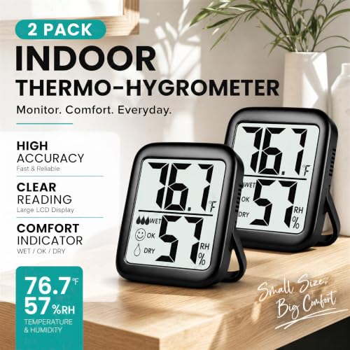 Antonki 2 Pack Room Thermometer Indoor Hygrometer | Monitor Temperature & Humidity, Accurate, Fast Read, Easy To View, Magnetic/Kickstand/Hanging, ℉/℃, w/ Battery, Compact - color: 2 Pcs * Classic Black ( 97%+ Choice )
