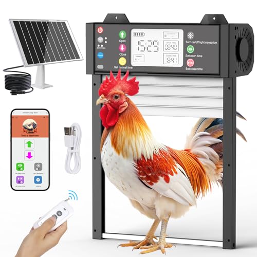 Automatic Chicken Coop Door, Solar Chicken Door with Tuya App, Door Status Detection, WiFi Reconnection,4000 mAh USB Rechargeable, Auto Chicken Door with Light Sensor, Timer,