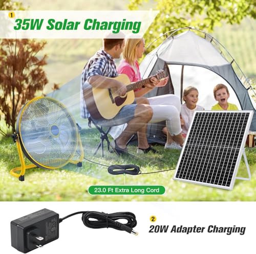 blessny 18" Large Solar Rechargeable Floor Fan for Home Gazebo Greenhouse | 35W Solar Panel with 23 Ft Long Cord for Camping Barn Poultry Pet House Outdoor Cooling or Air Circulation