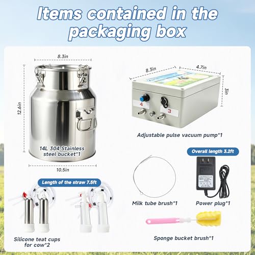 Upgraded 14L 2-in-1 Cordless Electric Milking Machine for Goats, Cows & Sheep, 304 Food-Grade Stainless Steel Bucket, Adjustable Suction Pulsation Vacuum Pump Milker with 4 Teat Cups, Portable Milker