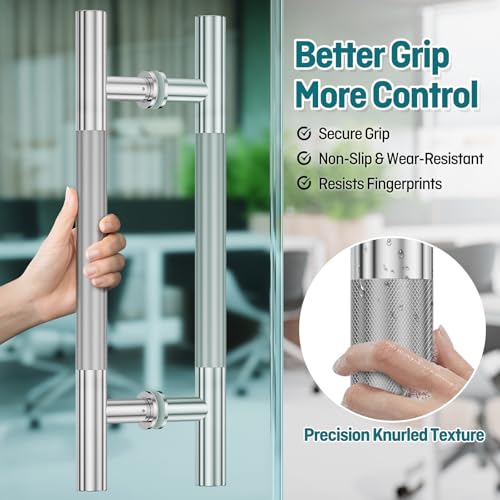 Ranbo 18" Knurled Door Pull Handle, 12" (305mm) CTC, Polished Chrome | Heavy Duty 1.5mm 304 Stainless Steel, Back to Back Pull Handles for Interior, Shower, Barn, Commercial Doors, Enhanced Grip - size: 18 Inch