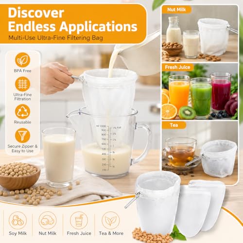 RAINFLOW 3PCS Ultra Fine Mesh Strainer Bags with Stainless Steel Handle | Reusable Nut Milk and Cheesecloth Filter Bags for Straining Milk, Coffee, Juice, Yogurt and Other Kitchen Foods