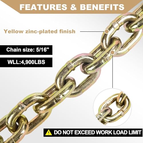 AAIN Transport Binder Chain, 2Pack 5/16" x10' G80 Tow Chain with Grab Hooks | 4,900 lbs Safe Working Load | Heavy Duty Logging Chain for Transporting Towing Truck Tie Down Binding Equipment - size: 5/16 Inch - 10 FT, style: 2 Pack