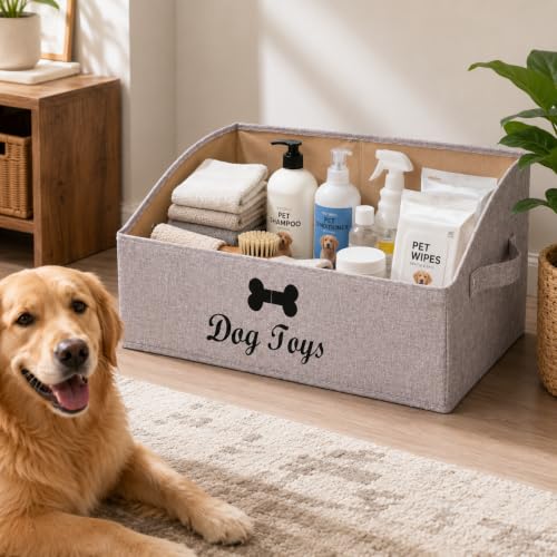 Foldable Fabric Trapezoid Organizer Boxes - Collapsible Dog Toy Basket (Light Brown-DOG) - color: Light Brown, size: Large - Dog Toys