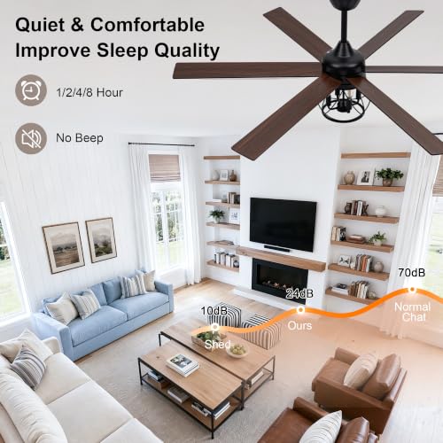 60" Farmhouse Ceiling Fan with Lights Remote Rustic Ceiling Fan | Industrial Black Caged Fandelier Large Moden Chandelier for Living Room Bedroom, 3 Downrods 6 Dual Blades 4 E12 Bulb Bases - color: Caged, size: 60 Inch