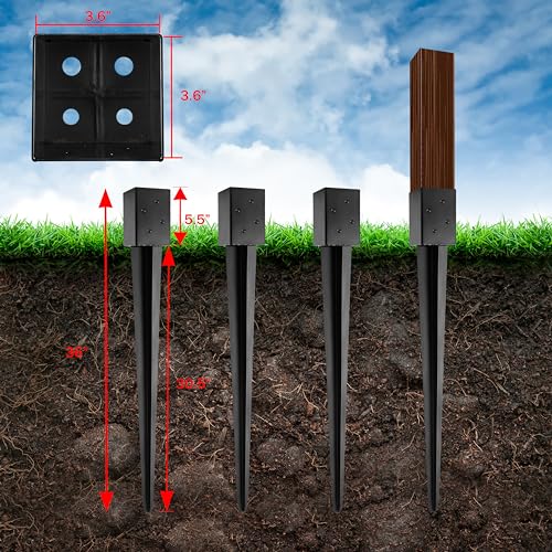 LADECH 4x4 Fence Post Anchor Ground Spike 36” Length Metal Black Powder Coated – Mailbox Post Anchors – Fit 3.5x3.5 Lumber (1, Black)