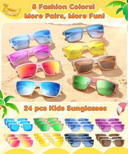 Sumsun Kids Sunglasses Bulk Party Favors 24 Packs Boys Girls Age 3-8 with UV400 Protection for Birthday Graduation Party Supplies (Grid 16 Pack) - style: 24PC Grid