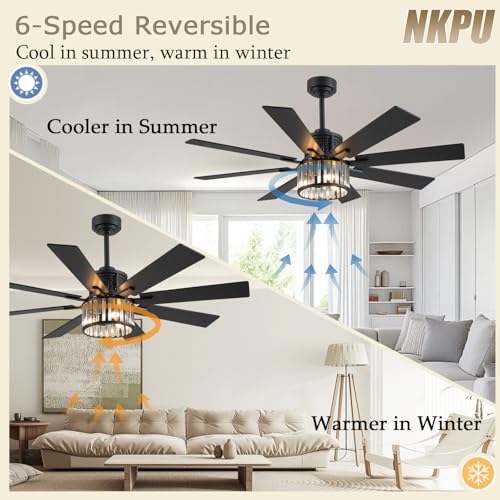 NKPU 52 Inch Farmhouse Crystal Ceiling Fans with Lights and Remote, Chandelier Industrial Ceiling Fan with Dual 8 Blades, 6 Speed Reversible Motor, Timing, Black Ceiling Fan for Living room Bedroom - color: Black-288