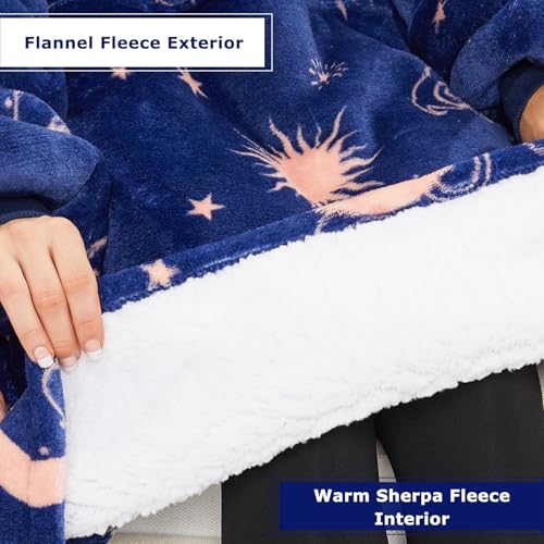 THREE POODLE Wearable Blanket Hoodie, Oversized Sherpa Sweatshirt Blanket for Adults Women Men, Warm Cozy Hooded Blanket, Gifts for Mom Girlfriend - color: Deep Blue Star, size: Adult-Extra Long