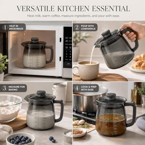 Silicone Microwave Measuring Cup, Milk Warmer Pitcher for Coffee, 25oz | Food-Grade Silicone, V-Spout, Dual Scales, -40°F to 446°F, Dishwasher Safe