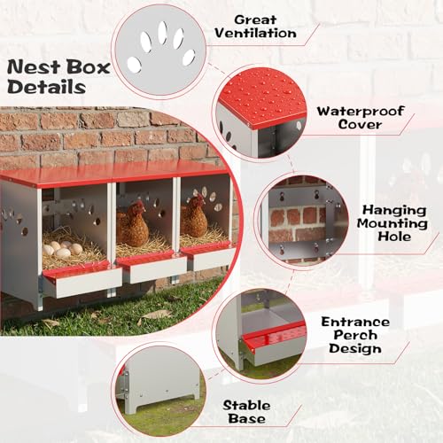 Chicken Nesting Boxes One Hole, Large Metal Hen Laying Box with Swing Perch | Roll Away Egg Collection, Wall Mountable with Vented Holds for Chickens Ducks Birds - size: 4.1"L x 9.9"W x 15.4"H