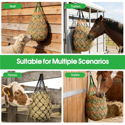 Slow Feed Hay Nets 3 Pack 40-Inch Durable Mesh Hay Bags Feeder for Horses | Heavy Duty Mesh Hanging Feeders with Carabiners & Gloves for Goat Livestock Barn Trailer Pasture Feeding Supplies Accessory - size: 3 Pack