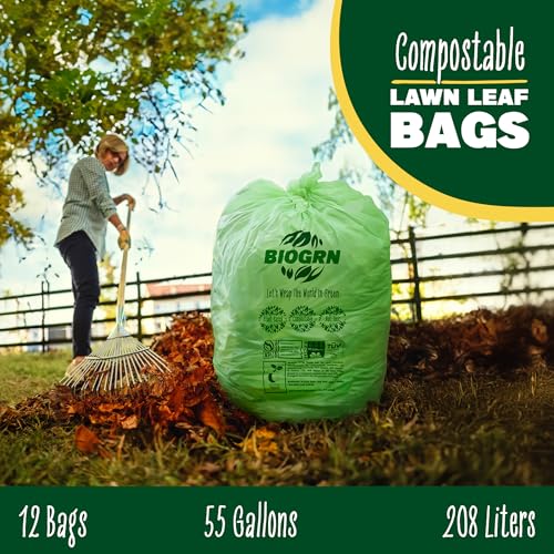 50-55 Gallon Compostable Trash Bags, 12 Count, 1.57 Mil Heavy Duty Flat Top Large Trash Bags for Lawn, Leaf, Yard Waste & Outdoor Garden Cleanup, ASTM D6400 BPI & OK Compost HOME Certified - color: 55 Gallon Flat Top, 12 Count