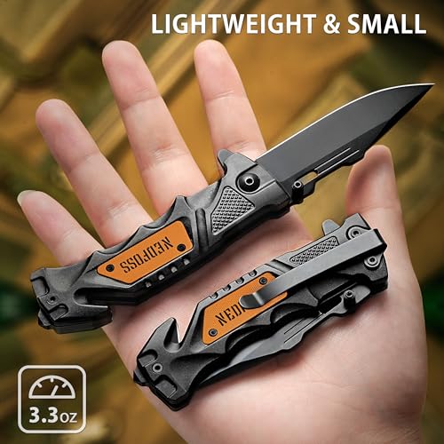 NedFoss Pocket Folding Knife DA75 Mini, 3 in 1 Pocket Knife Gifts for Men | 2.95 Inch Survival Knife w/ Liner-Lock, Seat Belt Cutter, Glass Breaker, Hunting knife for Camping, Christmas Gift for Women - color: Black-Mini2.95“