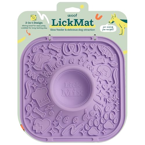 Woof LickMat, Slow Feeder Mat for Dogs, Lavender | Built-in mixing bowl, BPA-free silicone, non-slip suction cups, dishwasher safe, easy to clean - color: Lavender