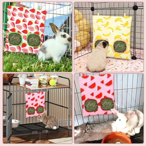 UPINS 3Pack Guinea Pig Hay Feeder Bag,Bunny Rabbit Cage Bag Hanging Holder | Guinea Pig Cage Feeder,for Bunny Rabbits,Chinchillas,Hamsters,Small Pets,and Animals - color: Red Pink Yellow