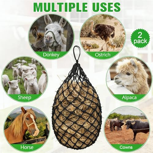 2-Pack Heavy-Duty Slow Feeder Hay Nets for Horses, 40 Inch Hanging Hay Bag with 2 Inch Mesh, for Stable/Trailer - Universal for Horses, Cattle, Sheep, Goats, Donkeys