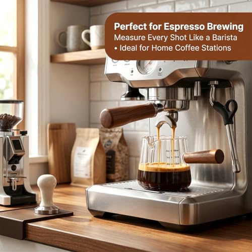 2 Pack Espresso Measuring Cups 6 Oz (180ml), Glass Milk Frothing Pitcher with Wood Handle, V-Shaped Spout with Oz & ML Markings, Heat-Resistant Espresso Shot Cups for Coffee, Milk