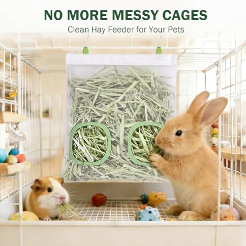 Mesh Guinea Pig Hay Feeder Bag for Guinea Pigs Rabbits Chinchillas, Hanging 2-Hole Hay Dispenser Breathable Wear-Resistant (White) - color: white