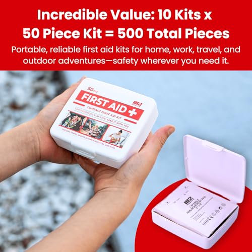 M2 BASICS 10x50 Piece Premium Mini First Aid Kit Bundle, Donation, Travel | 500 Total Pieces Bulk Pack For Charity, Car, Backpack, Office, School, Church, Camping, Family, Friends And Nonprofit