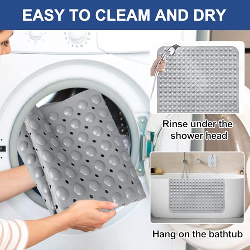 Shower Mat Non Slip: 47" x 32" Large Shower Mats for Inside Shower - Soft TPE Cuttable Anti Slip Shower Stall Mat with Drain Holes and Suction Cups - color: Gray, size: 47" x 32" (Rectangular)