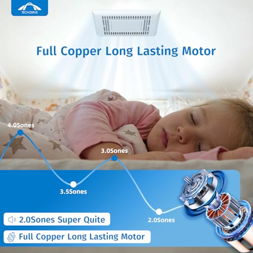 Tech Drive Bathroom Fan with light,Very-Quiet 70 CFM, 2.0 Sone,3 Inch Duct | 600LM 4000K LED light, Ceiling Mounted Ventilation Fan,Easy to Install for Bathrooms Up to 75 Sq. Ft - size: 70CFM with LED Light